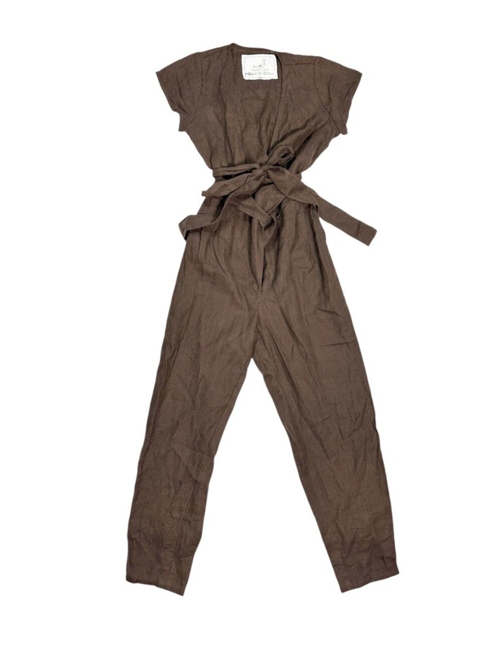 Not Perfect Linen Margaret Jumpsuit Brown Wrap Romper XS